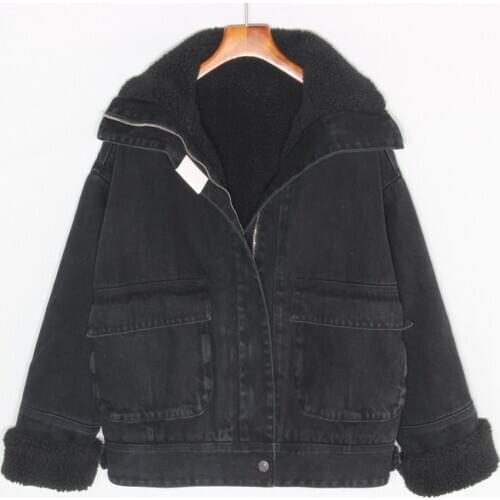Winter Loose Coat Lambswool Liner Denim Jacket Women Korean Thick Warm Black Big Pocket Jeans Jacket Chaqueta Mujer Coat Female