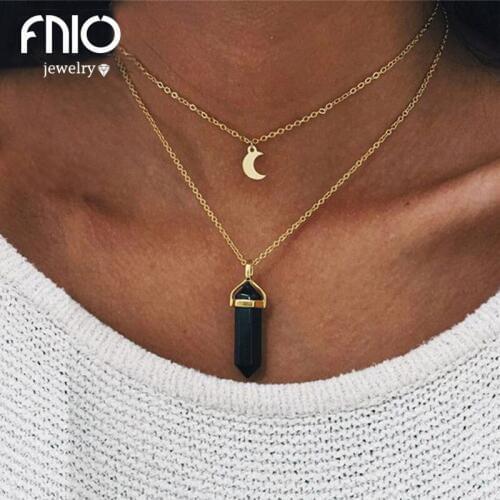 FNIO New Style Double Layer Moon Pendant&Neckalce Fashion Punk Geometric Metal Chain Necklaces For Women Boho Party Jewelry Gift