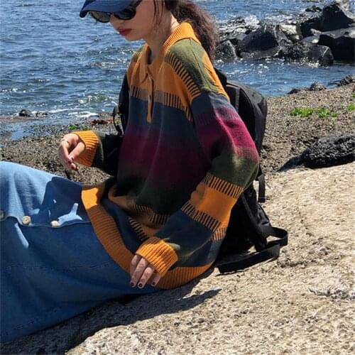 Female Korean Harajuku Loose Casual Striped Ins Lazy Sweater Womens Sweaters Japanese Kawaii Ulzzang Vintage Clothing For Women