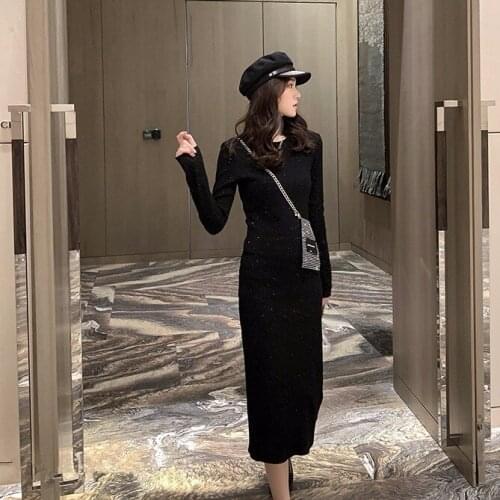 Ladies Shiny Black Knitted Dress Womens Autumn Winter Long-sleeved Round Neck Mid-length Slim-fit Over-the-knee One-step Dress