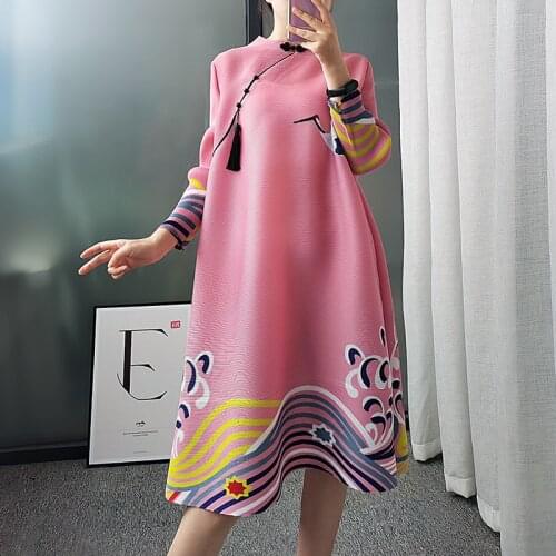 Pleated Cheongsam Crane Bird Animal Print Womens Dress Retro Elegant Disc Button Loose Chinese Spring 2021 A-line Ladies Dress