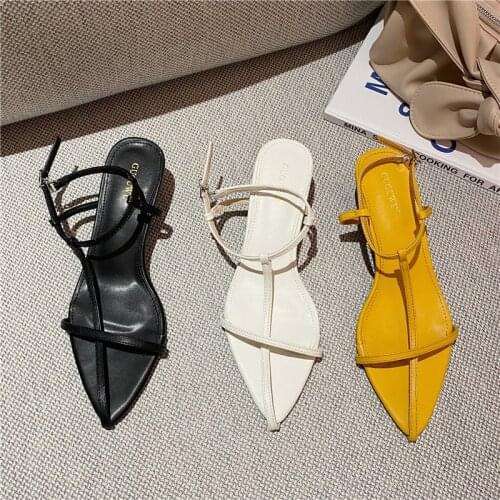 2021 Summer Low Sandals Woman Leather All-Match Suit Female Beige Women’s Shoes Buckle Strap Low-heeled Pointed Black Girls New
