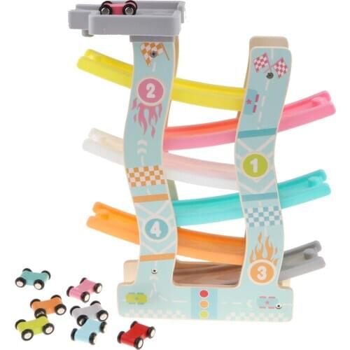 7-Layer Wooden Car Vehicle Ramp Race 6 pcs & Mini Inertia Car Sliding Toy for Kids Gift