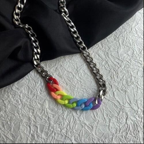 Hip Hop Chain Stitching Acrylic Rainbow Necklace European and American Fashion Simple Pendant Sweater Chain