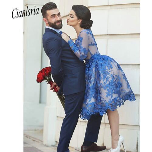 Royal Blue 2020 Elegant Cocktail Dresses A-line Long Sleeves Appliques Lace Party Plus Size Homecoming Dresses