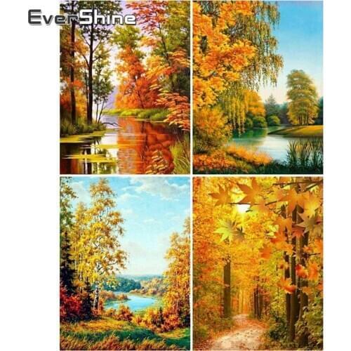 EverShine Diamond Painting Tree Cross Stitch Kit Diamond Embroidery Autumn Scenery Full Square Rhinestone Picture Mosaic Decor