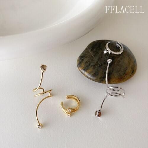 FFLACELL 2020 Simple Retro French Spiral Asymmetrical Rhinestone Ring Geometry Alloy Ear Bone Clip For Women Girl Jewlery