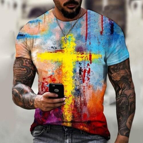 New Mens T-shirt Pattern Printed Loose Clothes Retro Short Sleeve Fashion Cross O-Neck Mens T-shirt