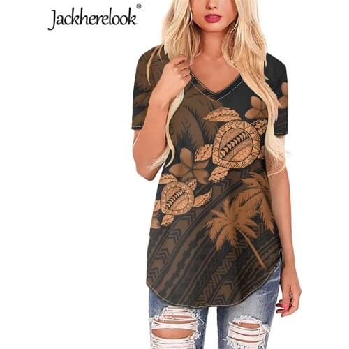 Jackherelook Tropical Hawaiian Turtle Hibiscus Kanaka Brand Design Womens Short Sleeve Shirts Vintage Blouse Summer V-neck Tops