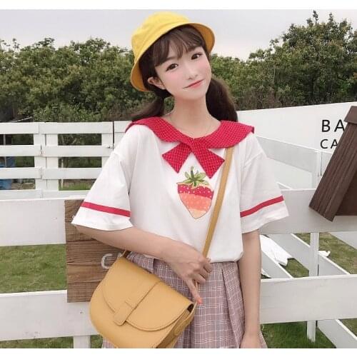 Strawberry Sweet Womens T Shirt Loose Summer Cotton Short Sleeve Sailor Collar Sweatshirt Cute Girls White T-shirt Tops
