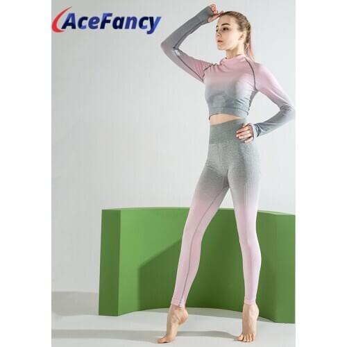 Acefancy Yoga Sets Women Gym Clothes T88888 Patchwork Long Sleeve Ombre Yoga Legging Sets Seamless Yoga Set Woman Sportswear
