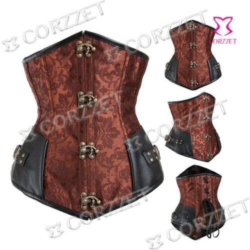 Latex Waist Cincher Trainer Women Brown Brocade Gothic Steel Boned Underbust Waist Trainer Corset Steampunk Corpete Espartilho