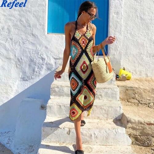 Summer Holiday Handmade Contrast color Plaid Midi Dress Crochet Sling Dress Women V neck Backless Spaghetti Strap Robe Femme