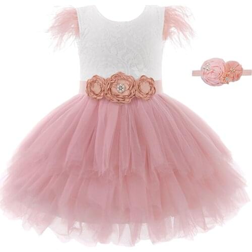 Summer Princess Dresses Lace Mesh Girls Dress Feathers Casual Party Kids Girls Clothes 1-7 Years Children Clothing Belt Headwear