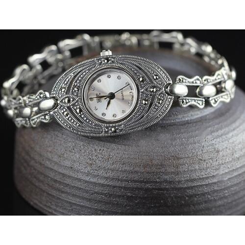 Limited Classic Elegant S925 Silver Pure Thai Silver Flower Bracelet Watches Thailand Process Rhinestone Bangle Dresswatch