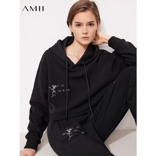 Amii Minimalism Womens Hoodies Two Piece Set Set Fashion Hooded Short Pullover High Waist Pants Female Clothing Set 12120348