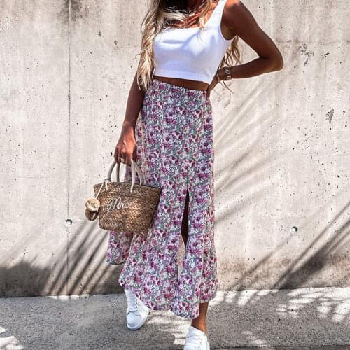 Fashion Floral Print Split Party Skirts Women New Elegant High Waist Pocket Skirt 2021 Summer Loose Streetwear Long Skirt Female