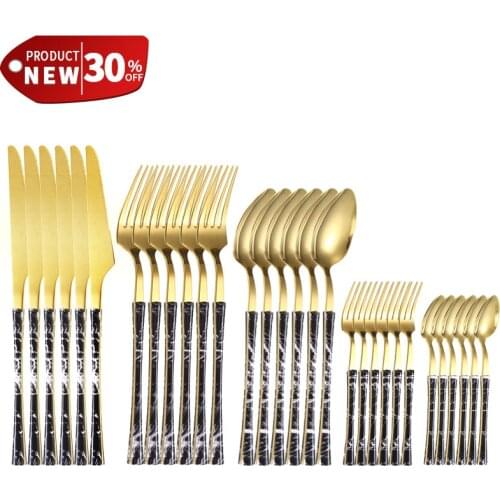 30PCS Marble Wood Texture Handle Creative Stainless Steel Tableware Westen Knife Fork And Spoon Set Milk Coffee Stirring Spoons