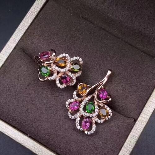Vogue leaf fan Natural Multicolor tourmaline Ring Pendant Natural Gemstone Jewelry Set 925 Silver Women party gift fine jewelry