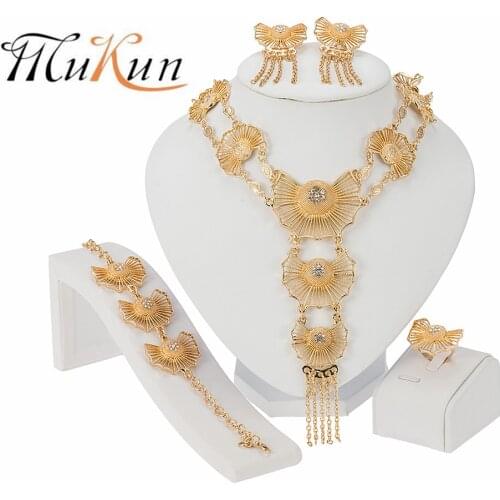 Nigerian Fashion Jewelry Sets Leaf Shape Necklace Gold Bracelet Women Dubai Jewelry set Earrings Wedding Bridal Crystal Ring