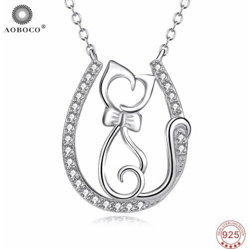 AOBOCO 925 Sterling Silver Lovely Kitten Crystal Horse Hoof Pendant Necklaces Cute Cat Hollow Jewelry Fashion Gift PYX0070