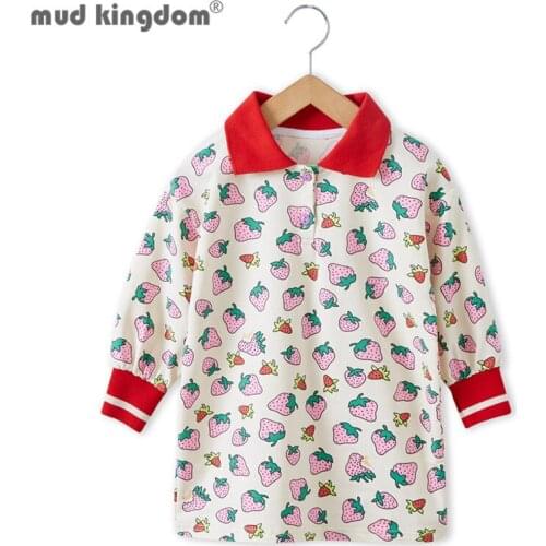 Mudkingdom Girls Dress Strawberry Print Long Sleeve Turn-down Collar Above Knee Straight Dresses Kids Cute Princess Clothes