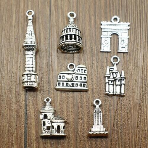 20pcs Charms Famous Buildings Arc De Triomphe Jewelry Making Accessories Antique Silver Color Castle Charms Pendant
