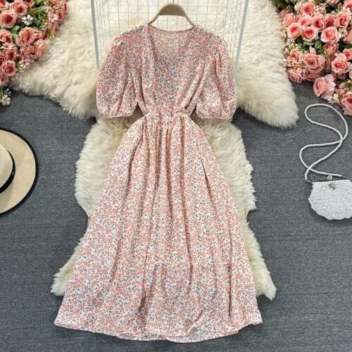 French age-reducing sweet puff sleeve waist slimming floral dress summer new slim mid-length platycodon skirt