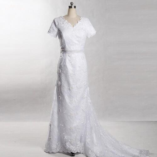 RSW414 A Line Short Sleeve V Neckline Simple Lace Wedding Dresses
