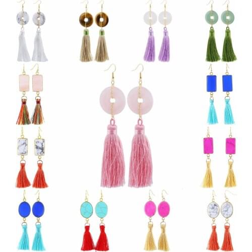 TUMBEELLUWA Assorted Natural Crystal Stone Collocate Tassel Dangle Hanging Earrings For Women Bohemian Style