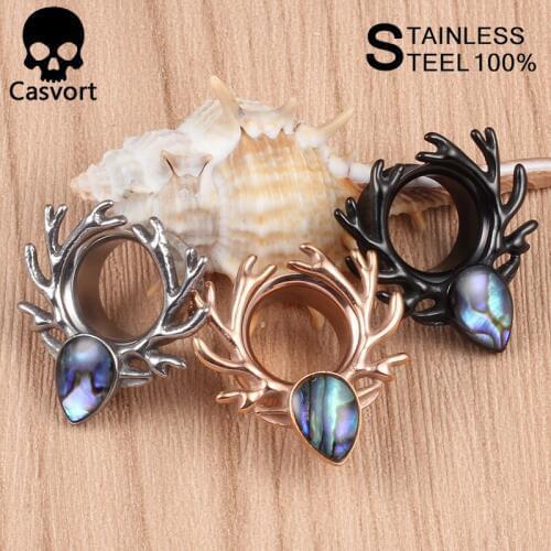 Casvort 10pcs/lot ear plugs deer logo ear tunnel colorful shell all stainless steel and black ear piercing pair selling