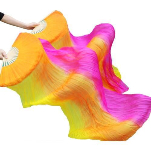 High Quality 100% Silk Veils Dance Fans 1 Pair Left+Right Hand Belly Dance Long Vertical Stripe Fans Rose+Orange+Yellow 180x90cm