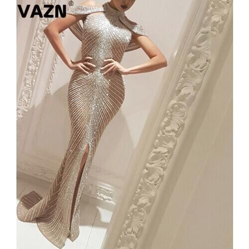 VAZN Top Upmarket High Quality Untidy Heavy Industry Sequined Flaring Sexy Solid Halter Short Sleeve Women Thin Maxi Dress