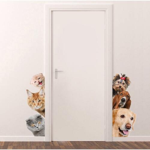Funny 3D Cat Dog Door wall sticker for kids room Bedroom home decor Wall background Art decals decorations cute animal stickers