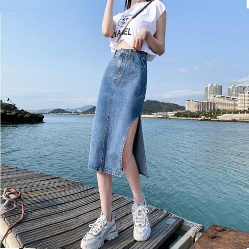 High Waisted Side Split Jeans Skirts for Women Office Korean Fashion Clothing Teenage Girls Denim Pencil Skirt Ladies Streetwear