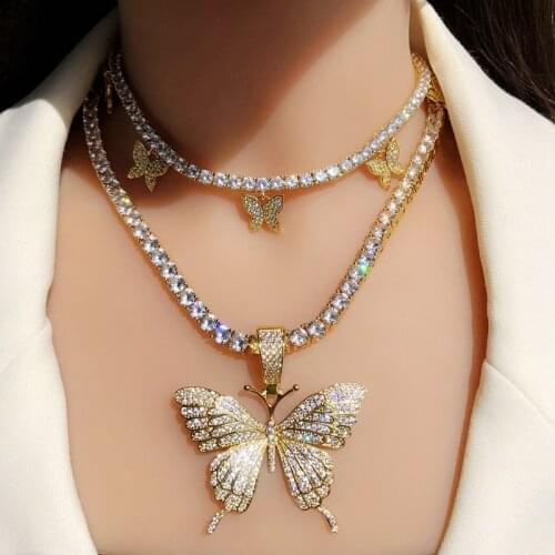 Luxury iced out bling hip hop women jewelry cz tennis chain cz butterfly charm choker necklaces gold plated Zircon punk necklace