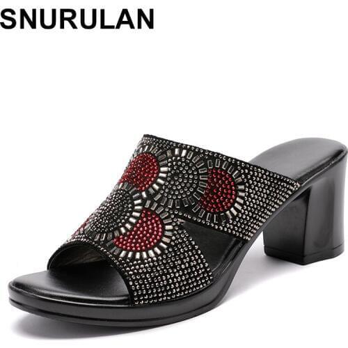 SNURULAN Women slippers 2020 ladies summer genuine leather slippers shoes women high heels fashion rhinestone summer shoes