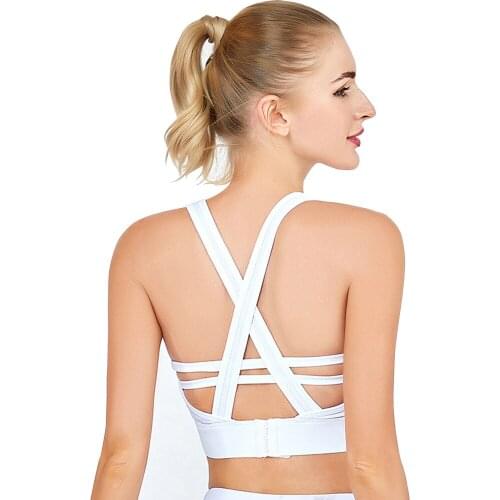 Women GYM Bra Mesh Patchwork Adjustable Eyehooks Cross Back Gathering Bralette Train Lingerie Yoga Tank Tennis Top