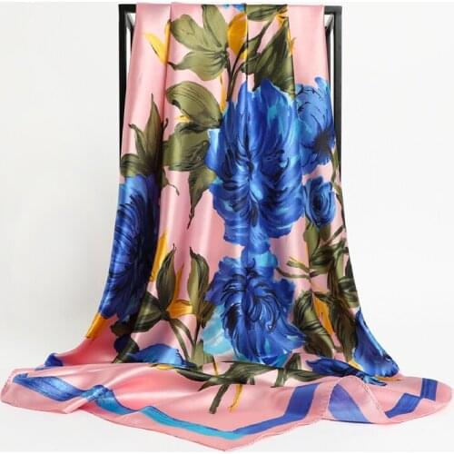 Luxury 2021 Design Square Scarf Women Silk Satin Print Floral Shawl Wrap Bandana 90cm*90cm Muslim Underscarf Muffle Accessories