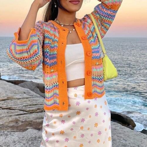 Womens Long Sleeve Knitted Sweaters Open Stitch 2021 Autumn Winter Single Breasted Striped Sweater Female Office Lady Cardigan