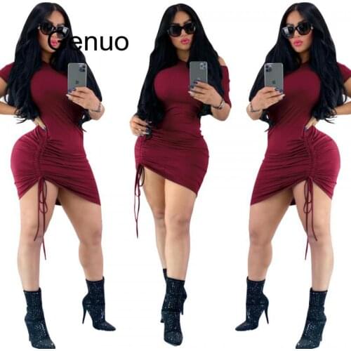 2020 Summer Mini Dress Women O-Neck Short Sleeve Drawstring Bodycon Sexy Night Club Party Bandage Street Dresses 6 Colors