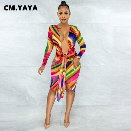 CM.YAYA Women Midi Dress Print Full Sleeve V-neck Bandage Sashes Stretchy Skinny Knee Length Dresses Vintage Vestidos Autumn