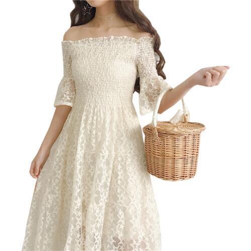 2020 New Fashion Spring Women Dress Slash Neck Lace Dresses Summer Mesh Dress Midi Long Lady Off Shoulder Dress Vestidos WZ267