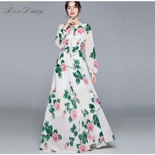 2021 New Runway Designer Flower Maxi Dress Women Long Sleeve Rose Floral Print Elastic Waist Chiffon Holiday Long Dress