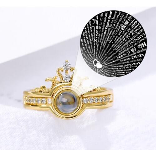 Female Ring 100 languages I love you Projection Gold Ring Crown Romantic Love Memory Wedding Band Rings for Women Jewelry