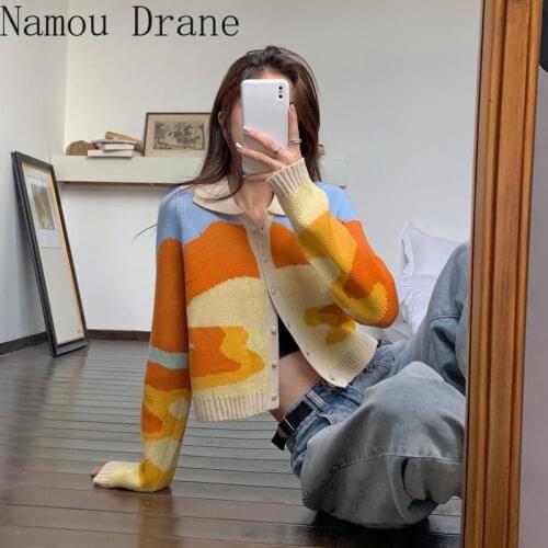 2020Sunset Oil Painting Jacquard Cardigan Sweater Womens Lapel Long-sleeved Thin Knit Top Tide