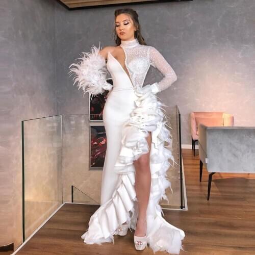 White High Neck Evening Dress Elegant Tiered Formal Party Gowns Sheer Long Sleeves Feather Mermaid Prom Dress Robe De Soiree