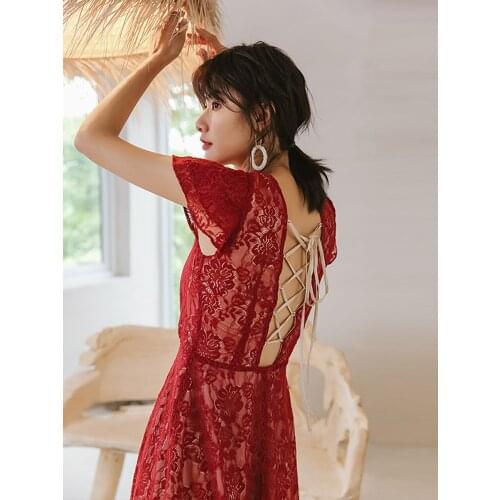Bohemian Open Back Sexy Dress Lace Long Skirt Close Waist Maldives Seaside Holiday Beach Skirt Womens Summer