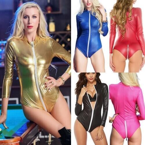 Brand New Women Lingerie Wet Look PU Leather Catsuit Long Sleeve 2 Zippers Sheath Bodysuit Nightwear Leotard Teddies