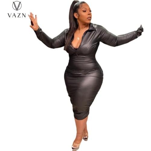 VAZN 2021 Autumn Plus Size High-end Leather Black Long Dress Sweet Daily Full Sleeve High Waist Young Vestidos For Female